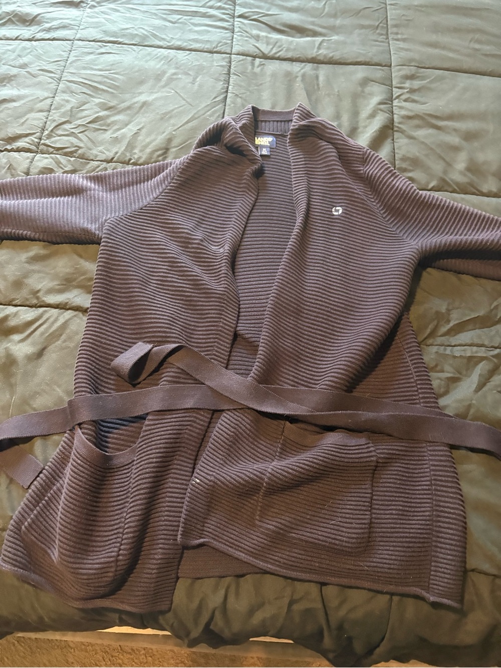 Lands' End Chocolate Brown Ribbed Open Front Cardigan with Belt